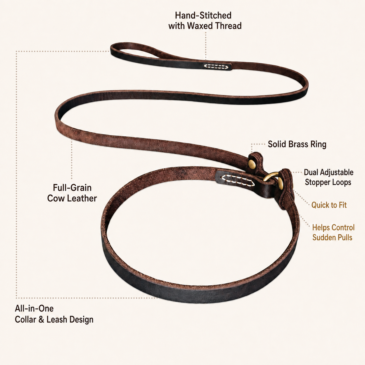 Full-grain leather slip lead with solid brass ring, dual adjustable stoppers and hand-stitched waxed thread