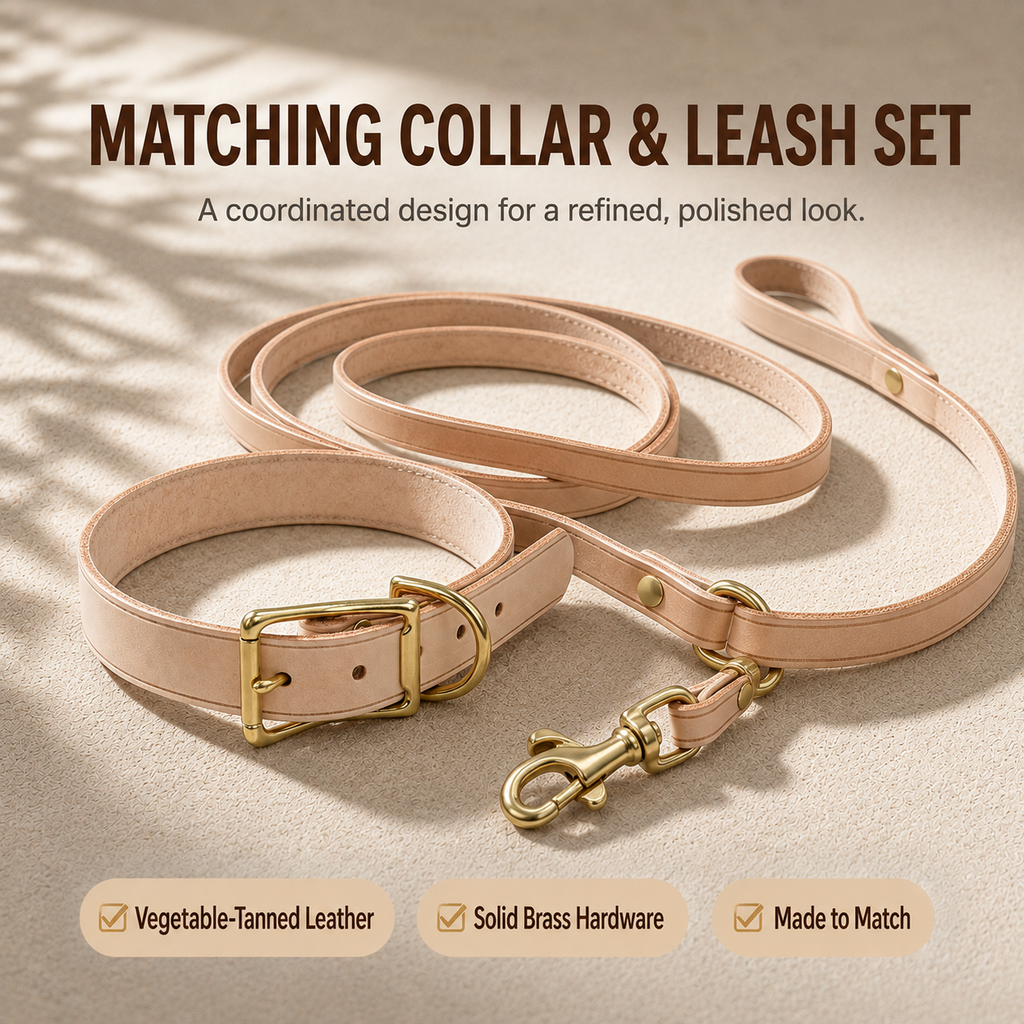 Matching vegetable-tanned leather dog collar and leash set with solid brass hardware