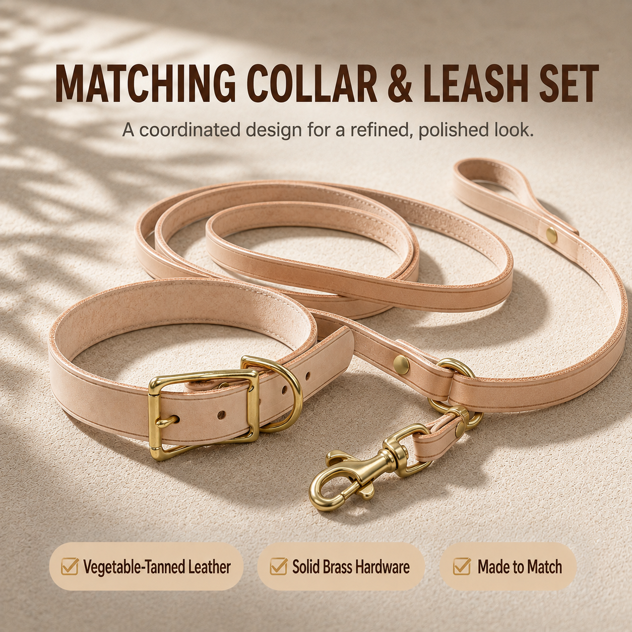 Matching vegetable-tanned leather dog collar and leash set with solid brass hardware