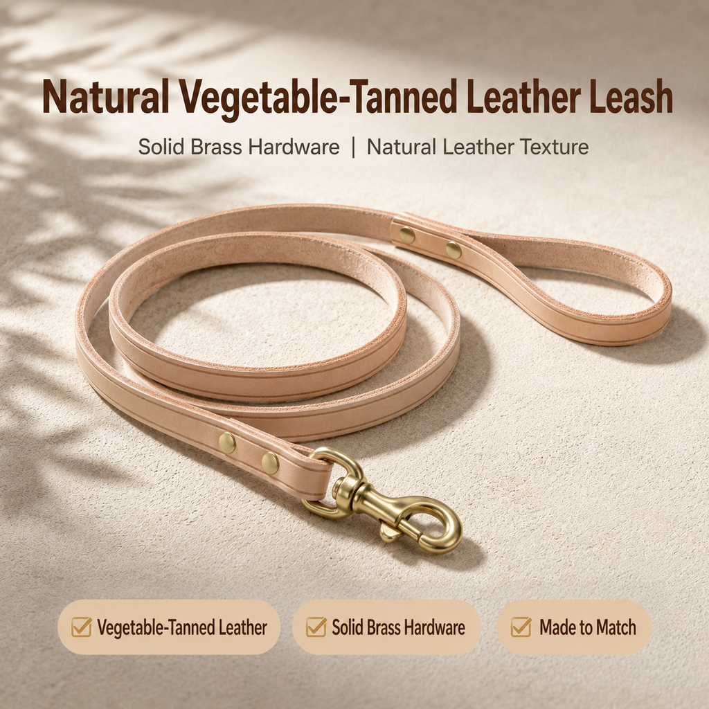 Gracez Studio natural vegetable-tanned leather dog leash with solid brass hardware
