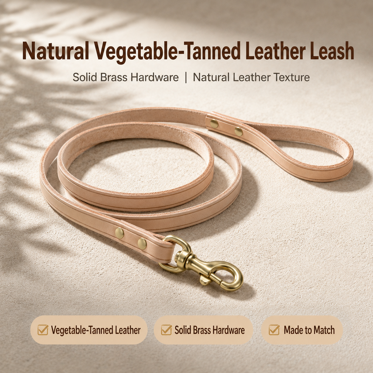 Gracez Studio natural vegetable-tanned leather dog leash with solid brass hardware