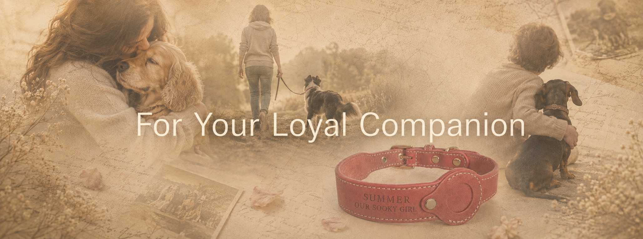 Dog owners sharing everyday moments with their companions beside a personalised red leather dog collar