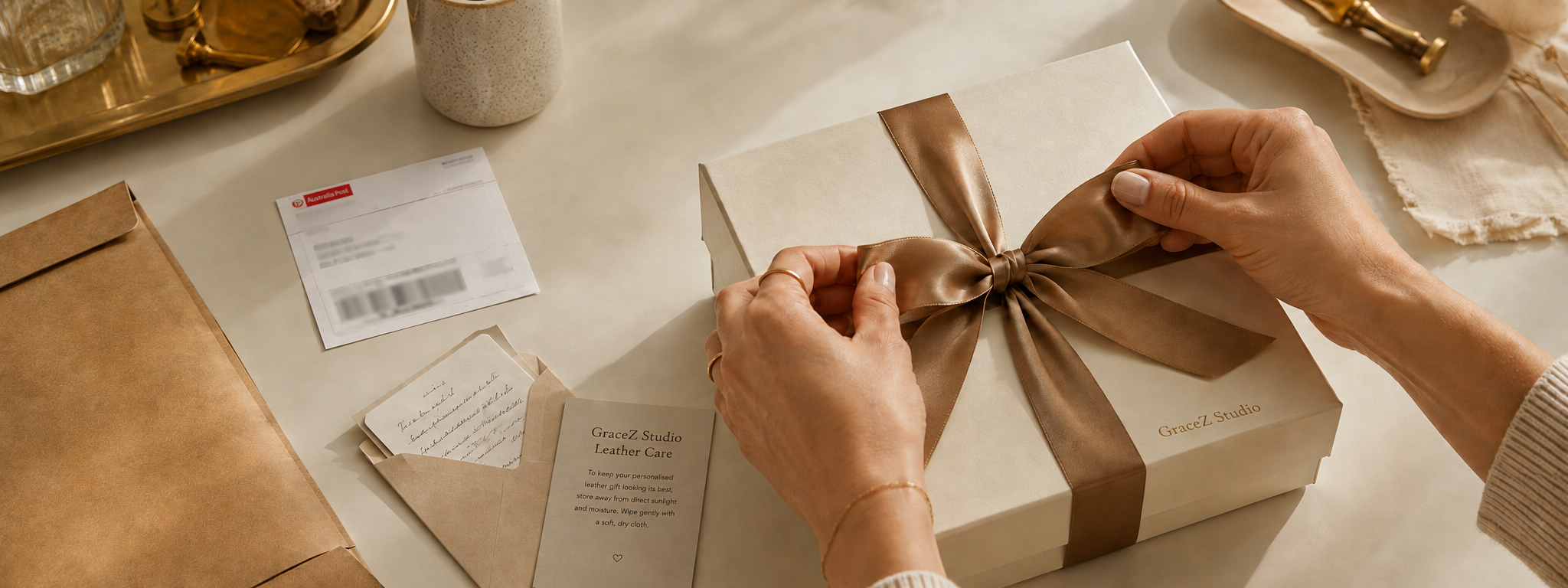 A GraceZ Studio personalised gift being carefully wrapped and prepared for delivery from Melbourne
