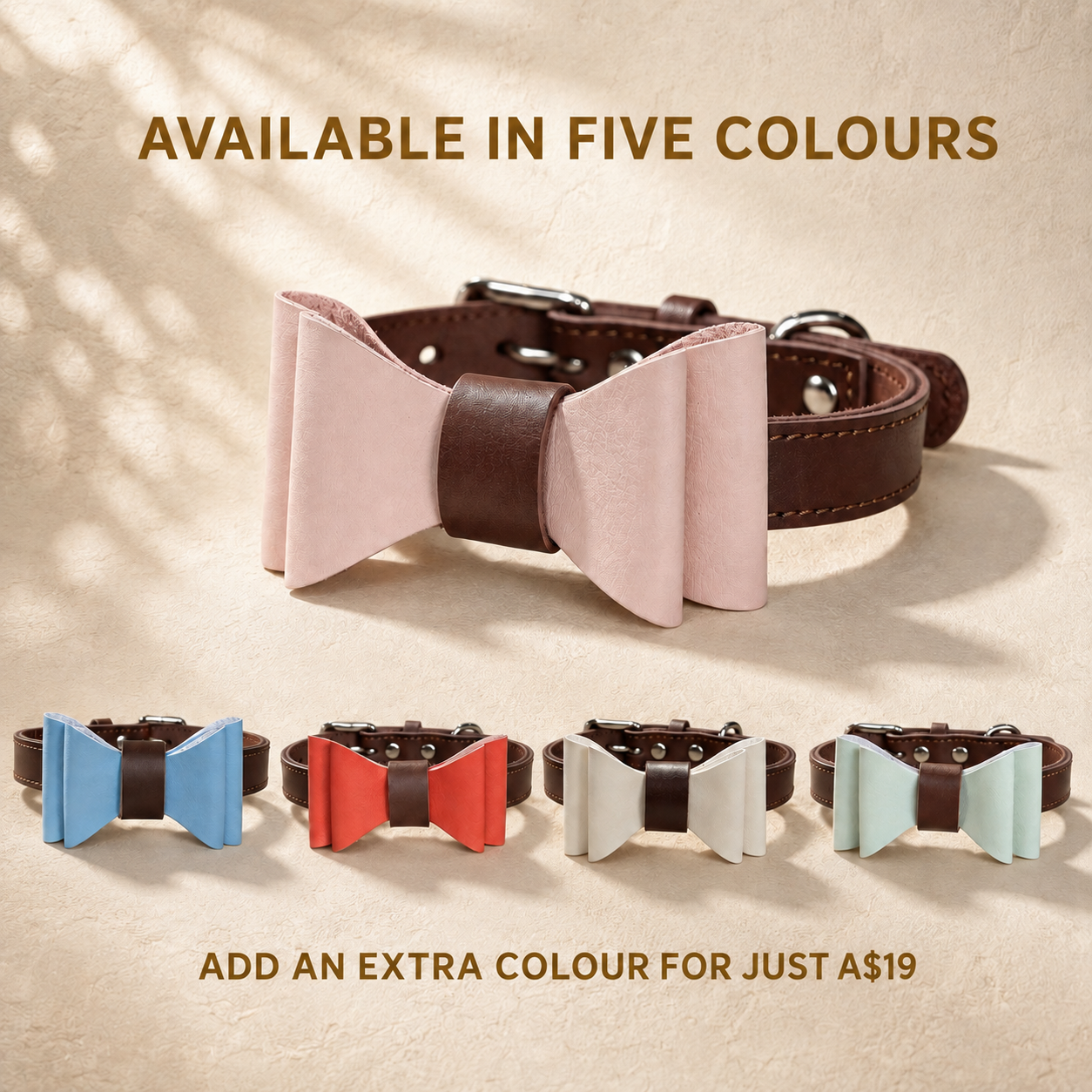 Personalised full-grain leather dog collar with detachable microfibre bow ties in pink, blue, red, white and mint.
