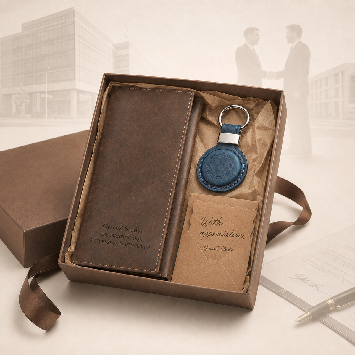 Personalised leather business gift set with an engraved journal, keyring and appreciation card presented for a professional partnership