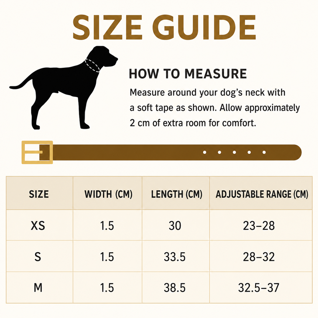 Leather dog collar size guide for XS, S and M with adjustable neck ranges from 23 to 37 centimetres
