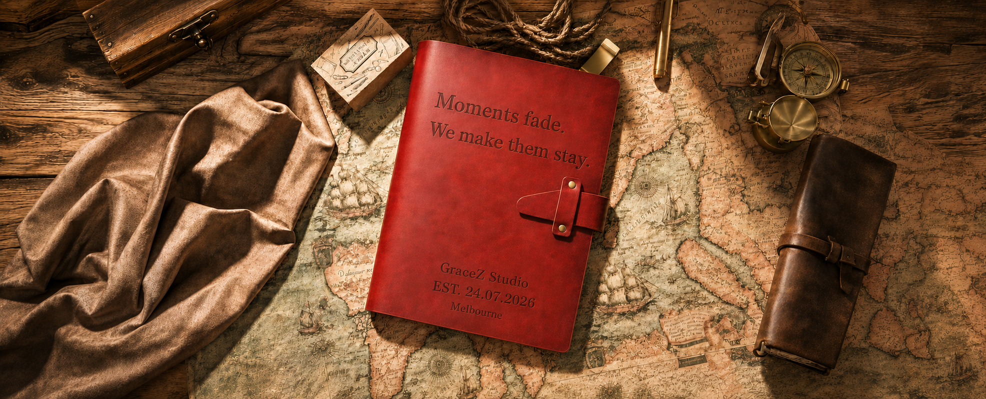Personalised red leather journal and brown leather gift displayed on a vintage map with brass travel keepsakes