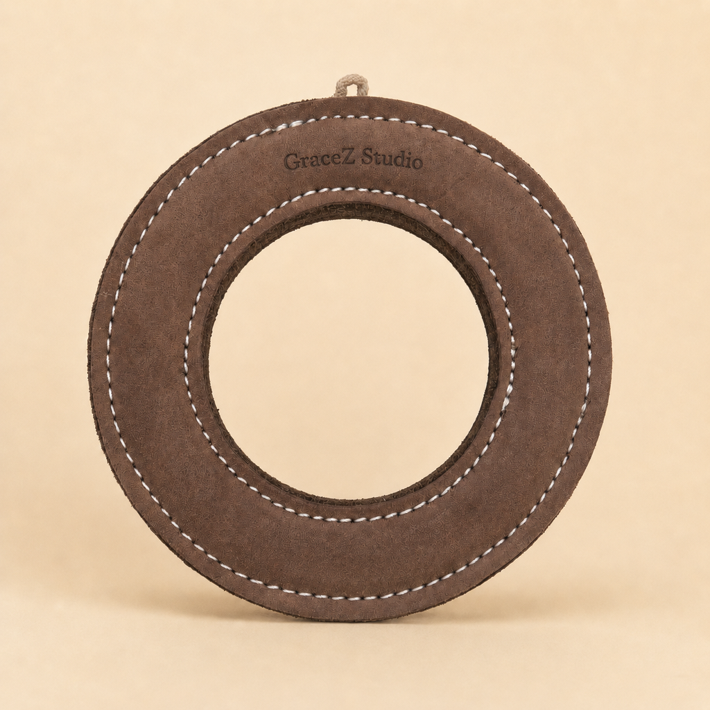 Suede leather and wool felt dog flying ring with reinforced stitching and engraved GraceZ Studio logo