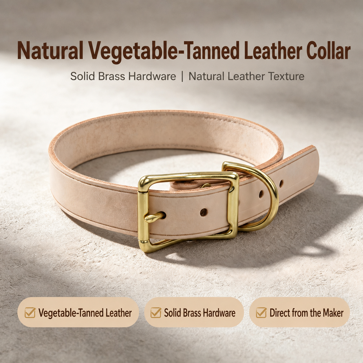 Personalised vegetable-tanned leather dog collar with solid brass hardware