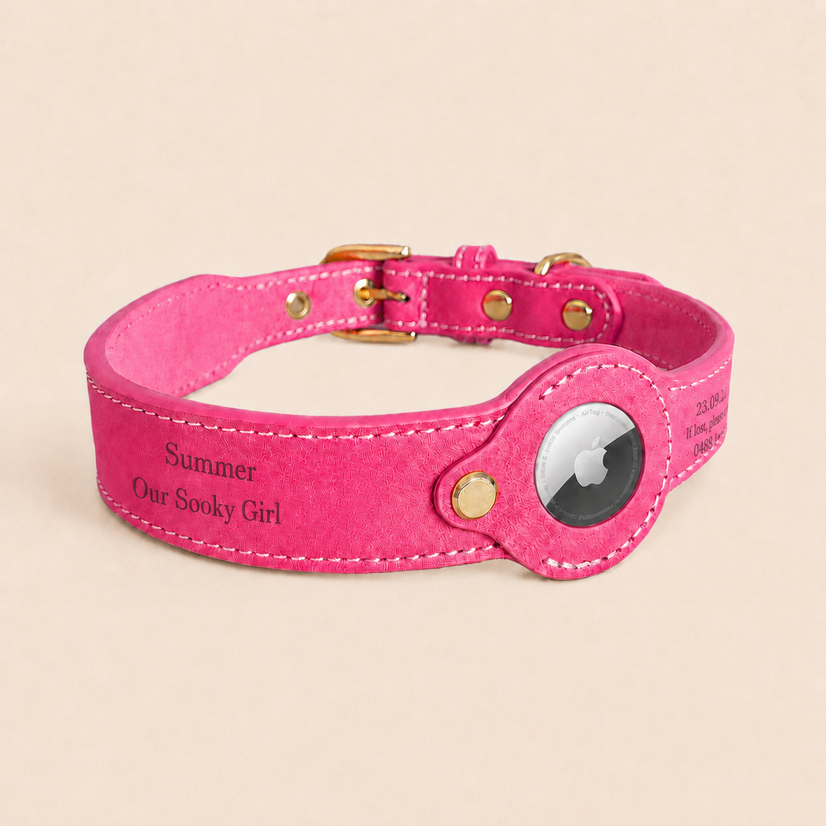 Pink full-grain leather dog collar with personalised engraving and removable AirTag holder