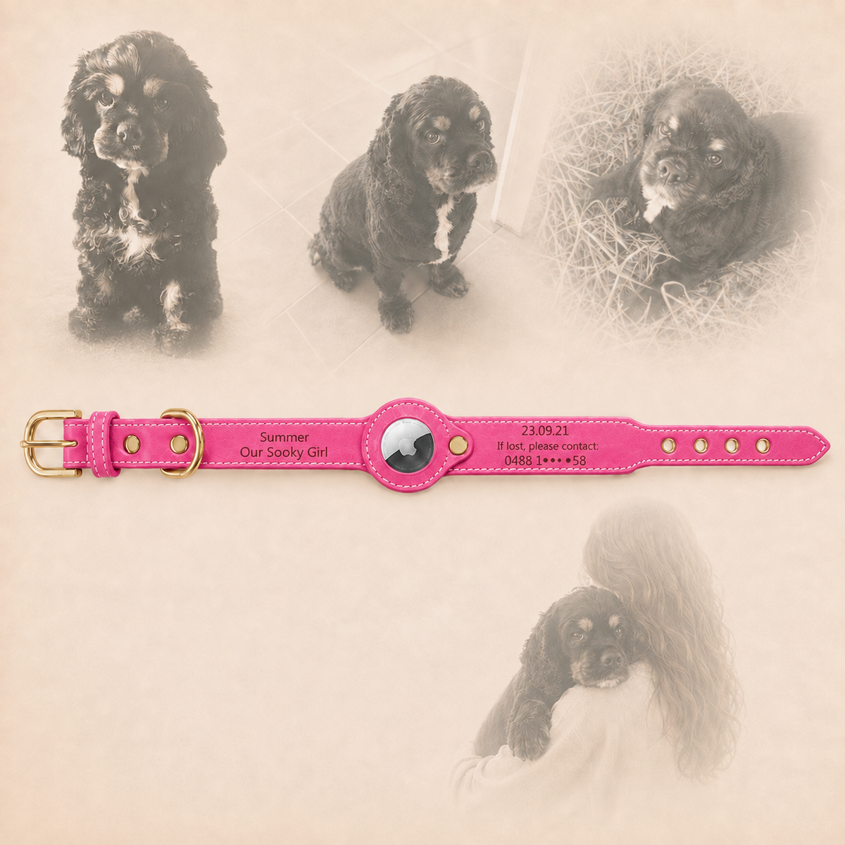 Pink personalised leather AirTag dog collar engraved with a name, date and contact details