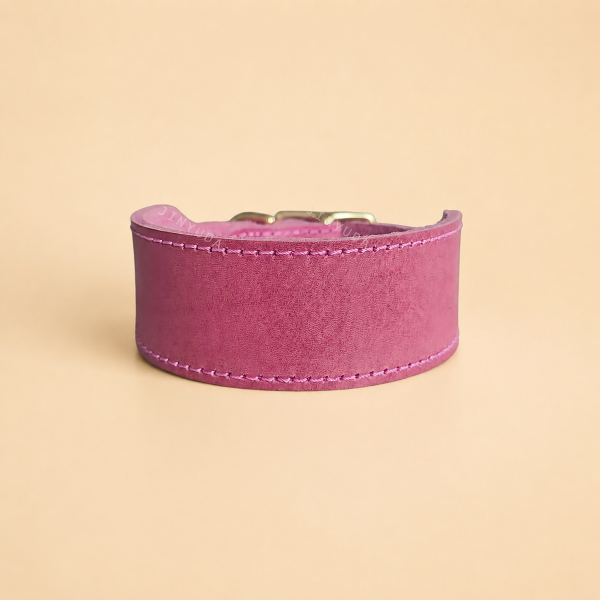 Pink wide-centre top-grain leather Greyhound and sighthound collar with reinforced stitching
