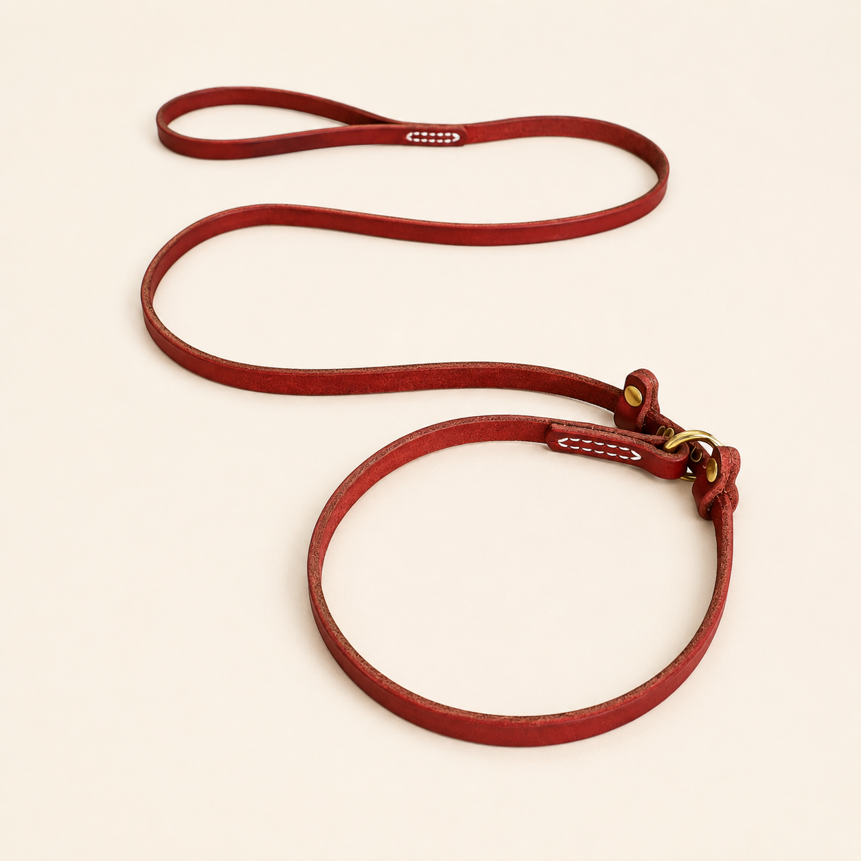 red full-grain leather pull-control slip lead with integrated collar loop and brass ring