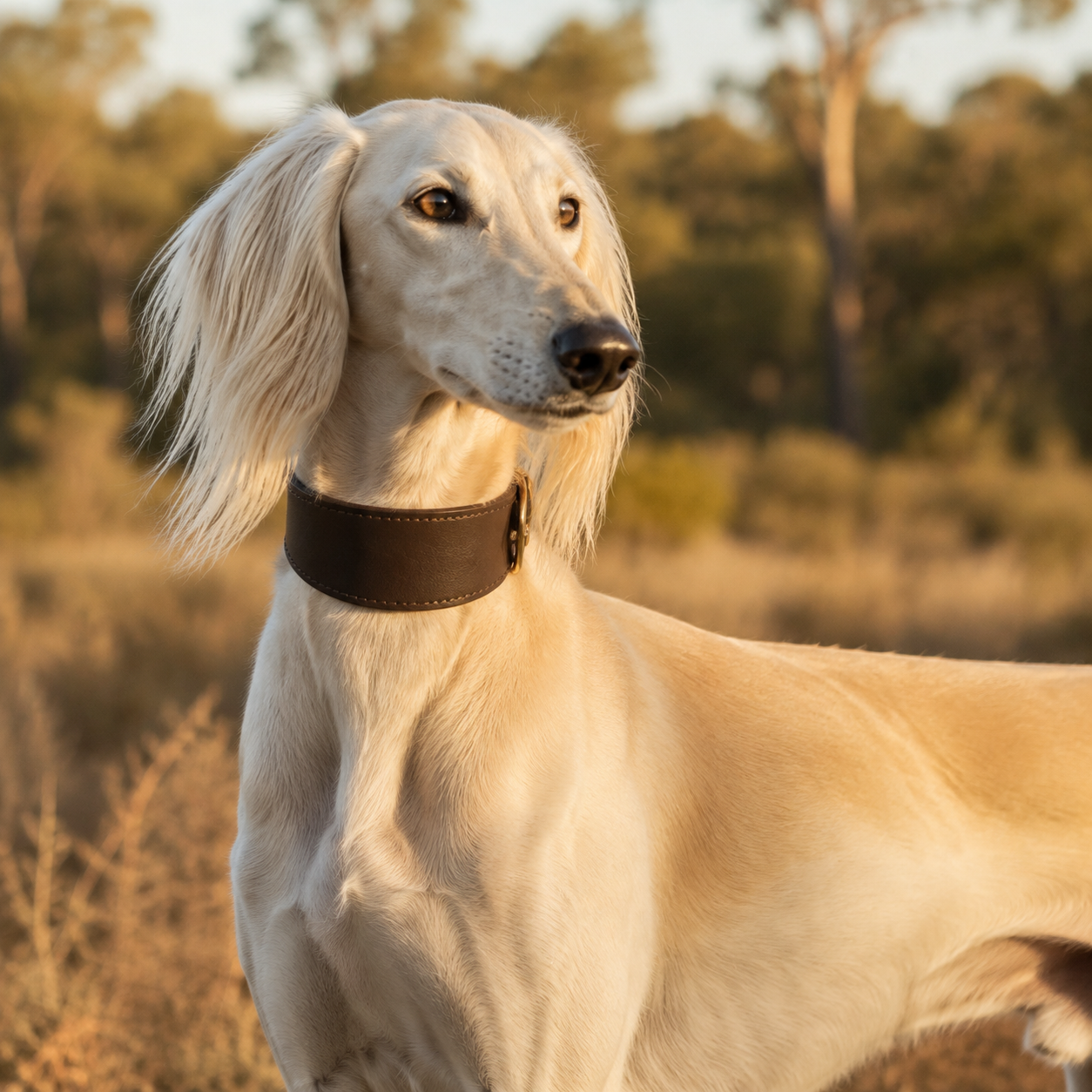 Cream Saluki wearing a wide brown top-grain leather sighthound collar at golden hour