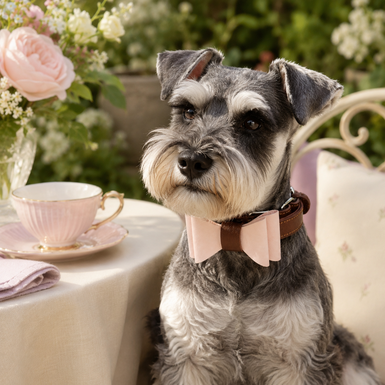 Grey and white Schnauzer wearing a full-grain leather dog collar with a pale pink microfibre bow tie at an outdoor afternoon tea.