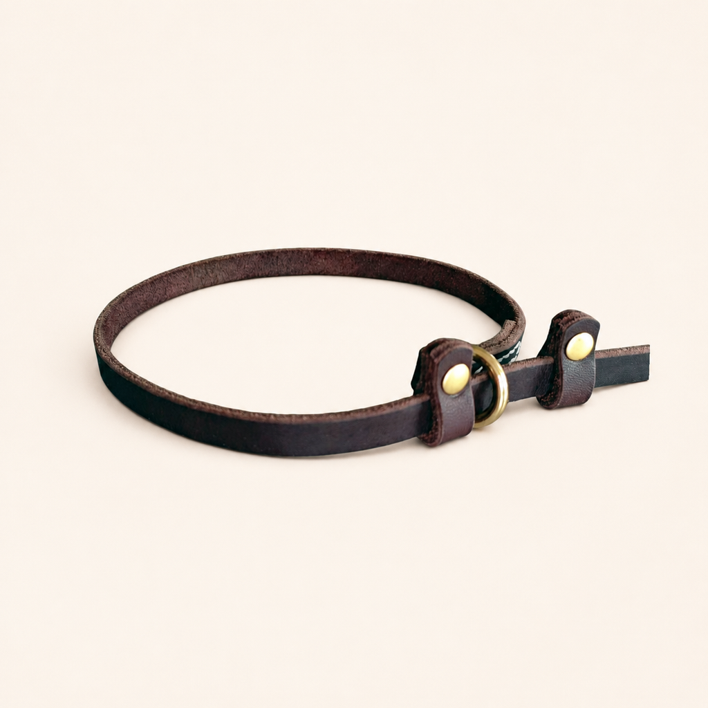 Adjustable leather slip lead collar loop with solid brass ring and dual stopper loops