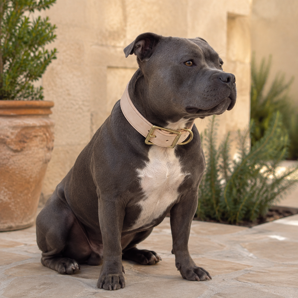 Grey Staffy wearing a vegetable-tanned leather dog collar with solid brass hardware