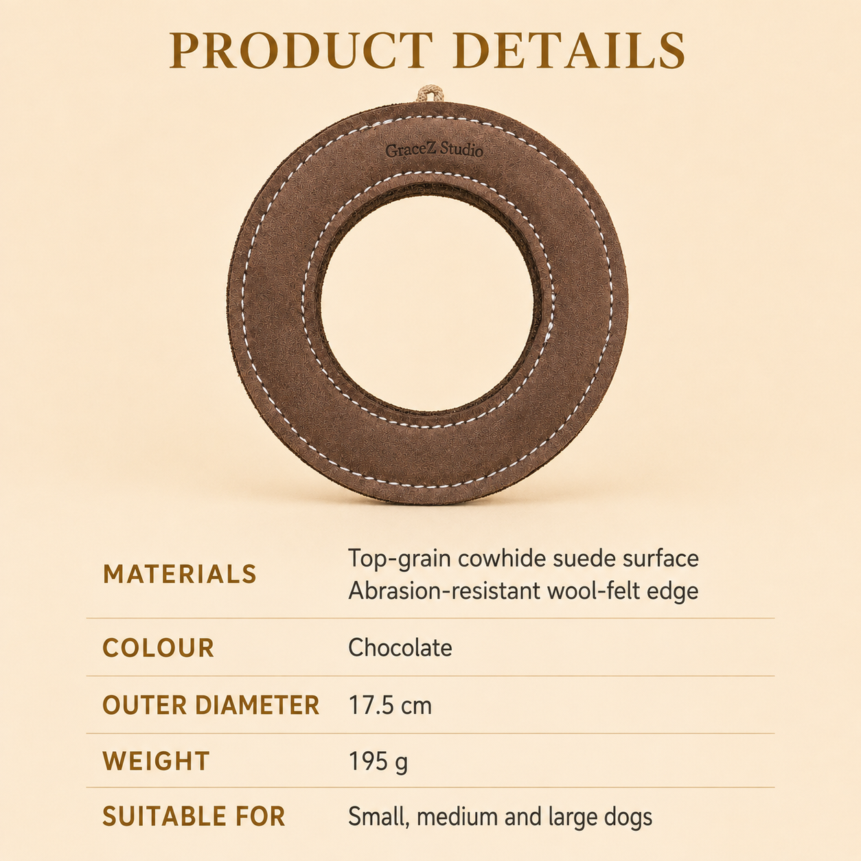 Suede leather and wool felt dog flying ring measuring 17.5 centimetres and weighing 195 grams