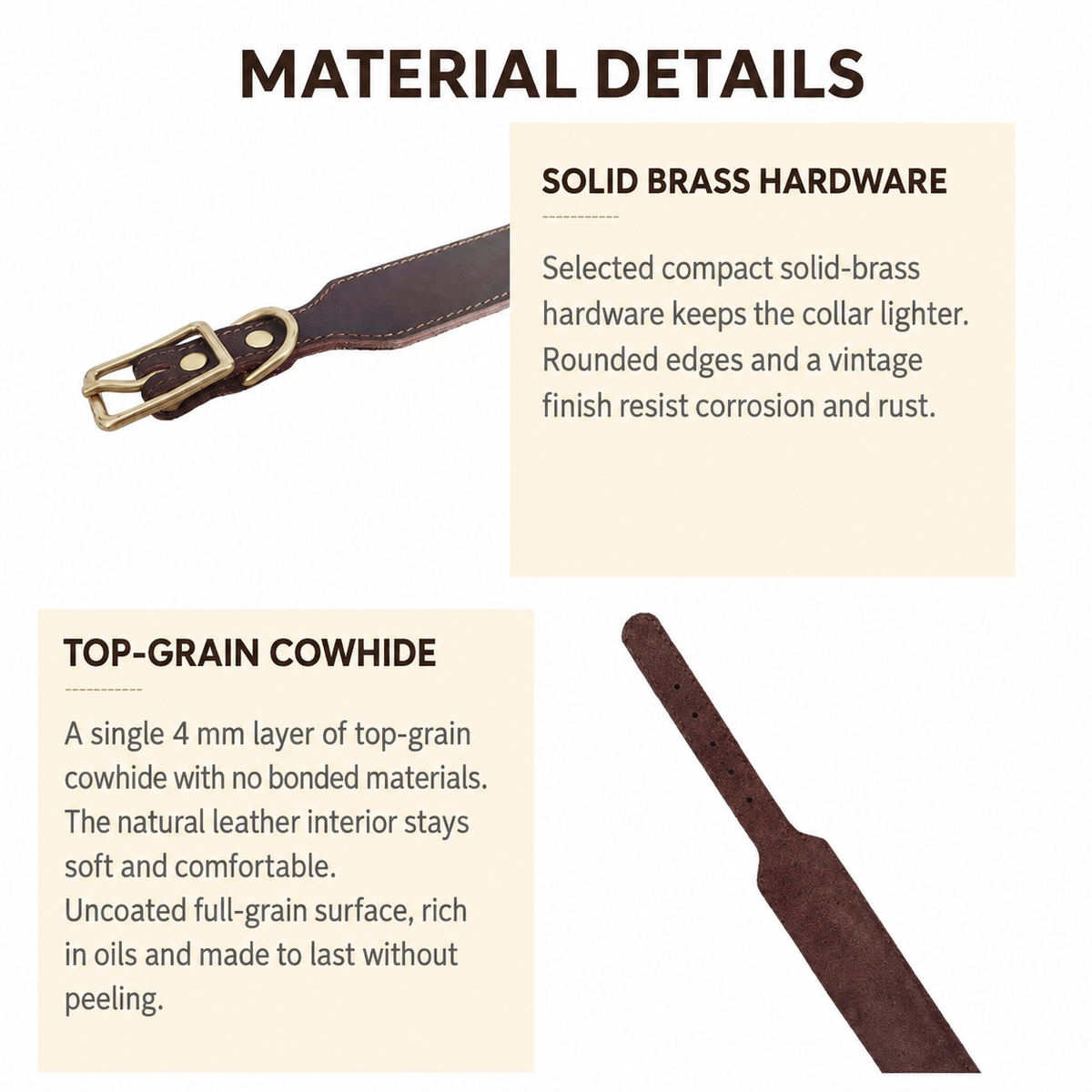 Top-grain cowhide sighthound collar material details with solid brass hardware