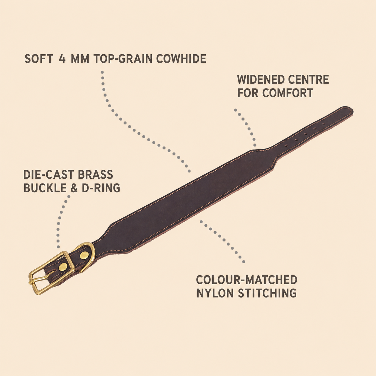 Top-grain leather sighthound collar with widened centre, brass buckle, D-ring and reinforced stitching