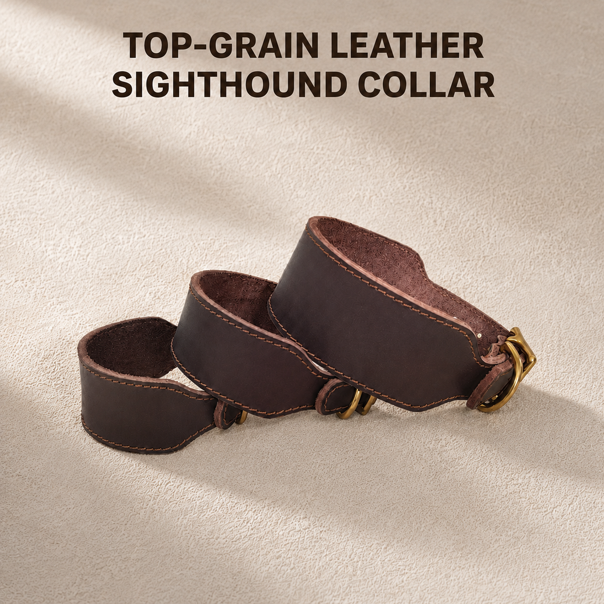 Three chocolate top-grain leather sighthound collars in different widths with brown stitching and brass-tone hardware.
