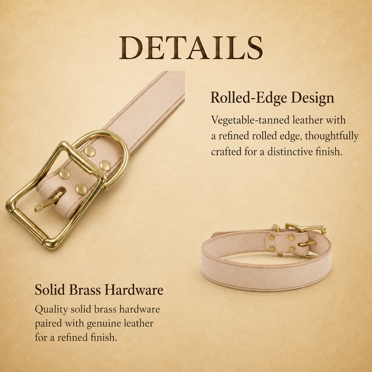 Vegetable-tanned leather dog collar with rolled edges and solid brass hardware