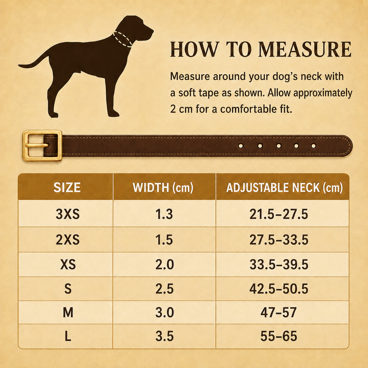 Vegetable-tanned leather dog collar size guide with neck measurements from 3XS to L