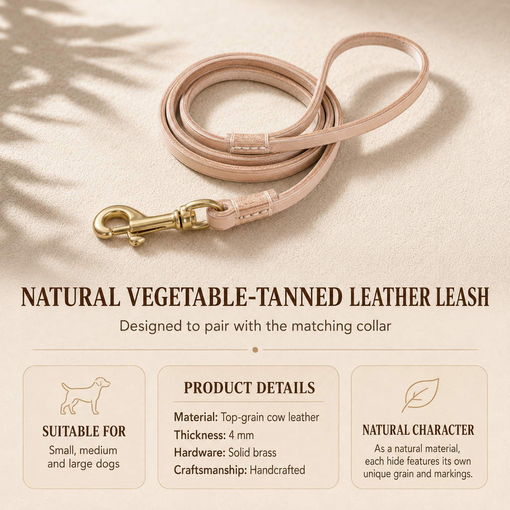 Natural vegetable-tanned leather dog leash product details and materials