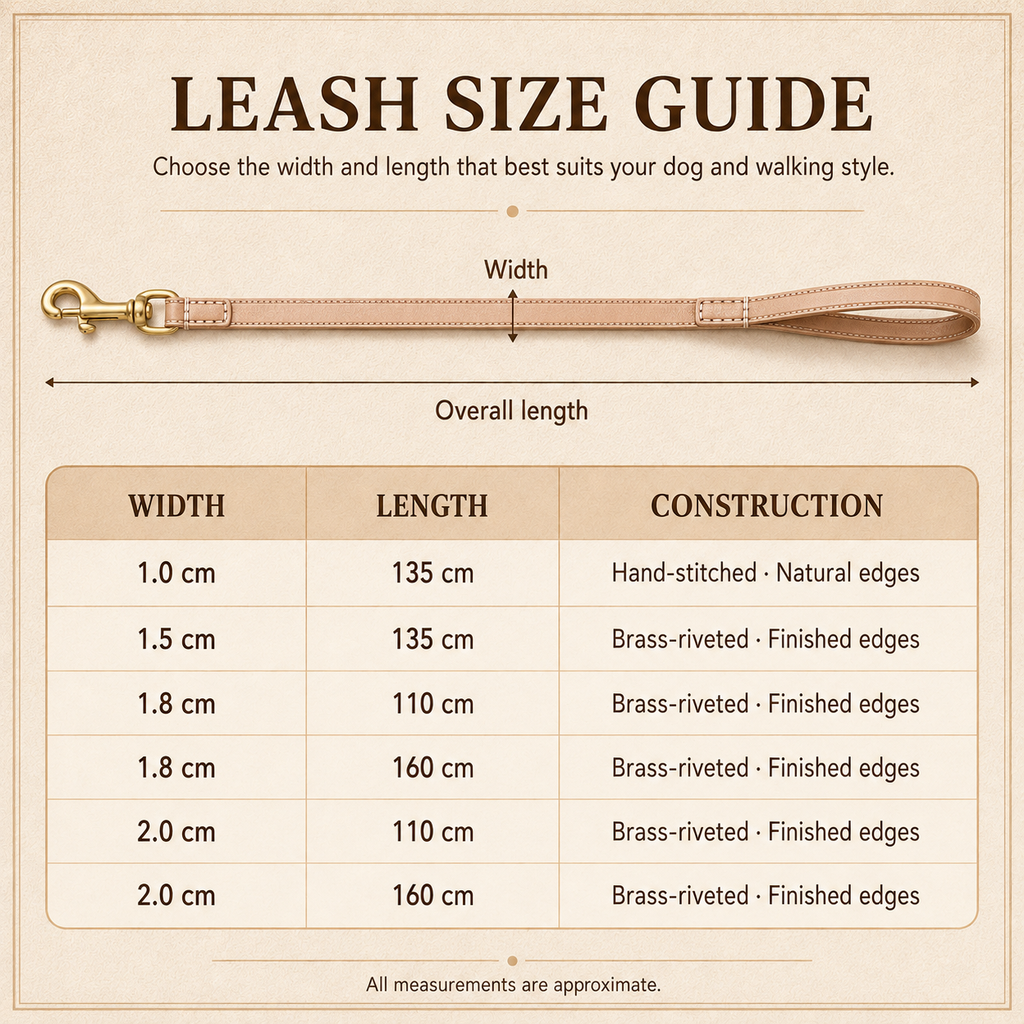 Vegetable-tanned leather dog leash size guide with width and length options