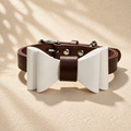 Brown full-grain leather dog collar with a detachable white microfibre bow tie.