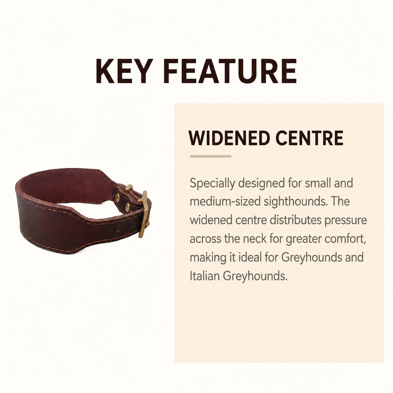 Wide-centre leather collar designed to distribute pressure for Greyhounds and Italian Greyhounds