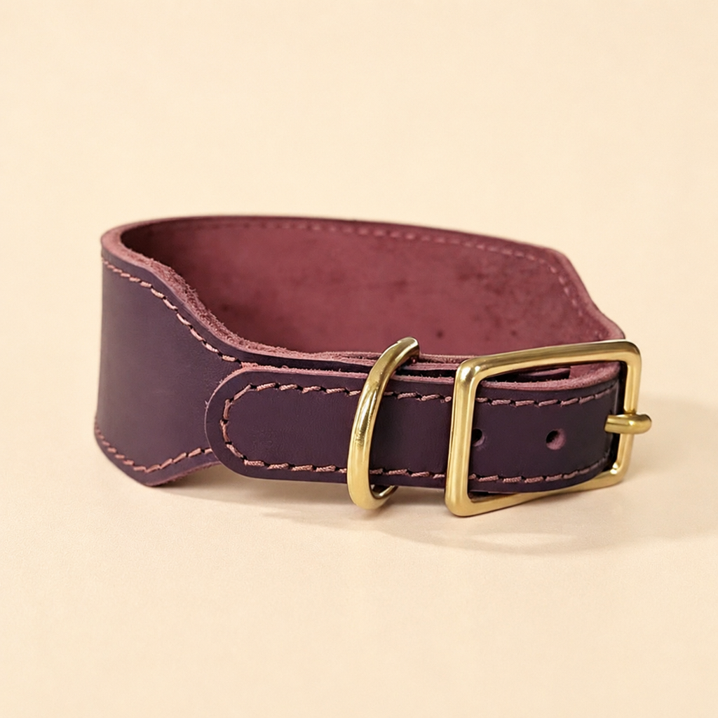 Wide contoured brown top-grain leather sighthound collar with solid brass buckle and D-ring