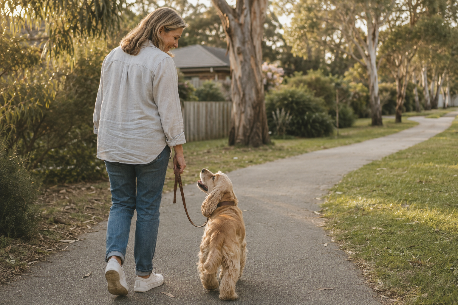 A familiar walk shared by a woman and her loyal companion