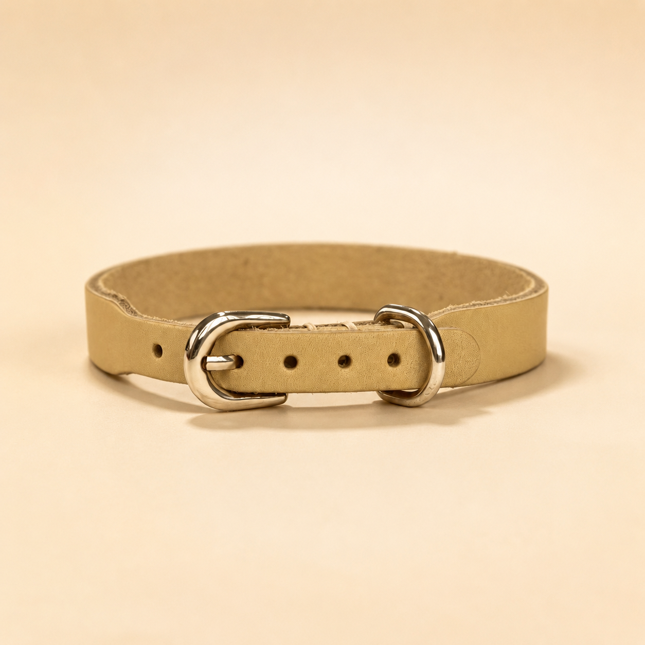 yellow full-grain leather dog collar with adjustable buckle holes and pale-gold D-ring